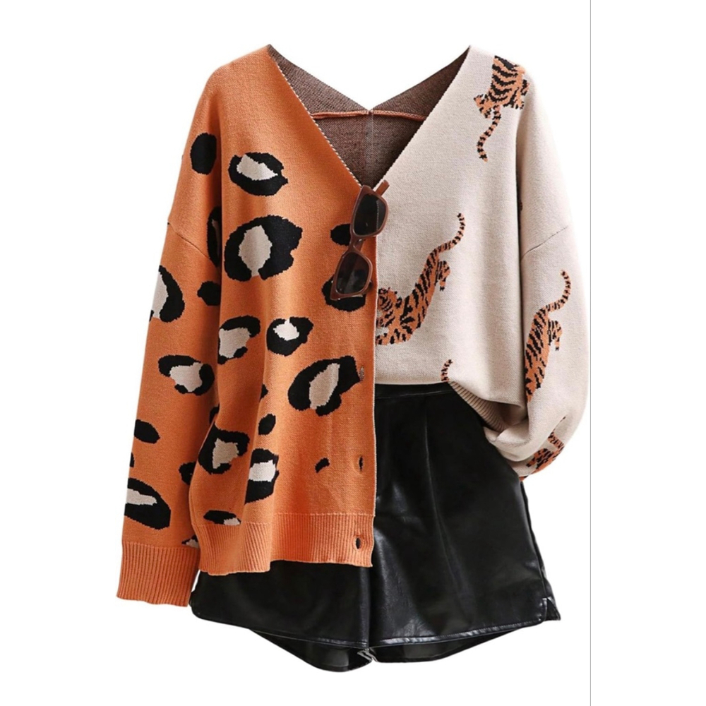NEW Leopard Tiger Print Cardigan Long Sleeve Sweater XL